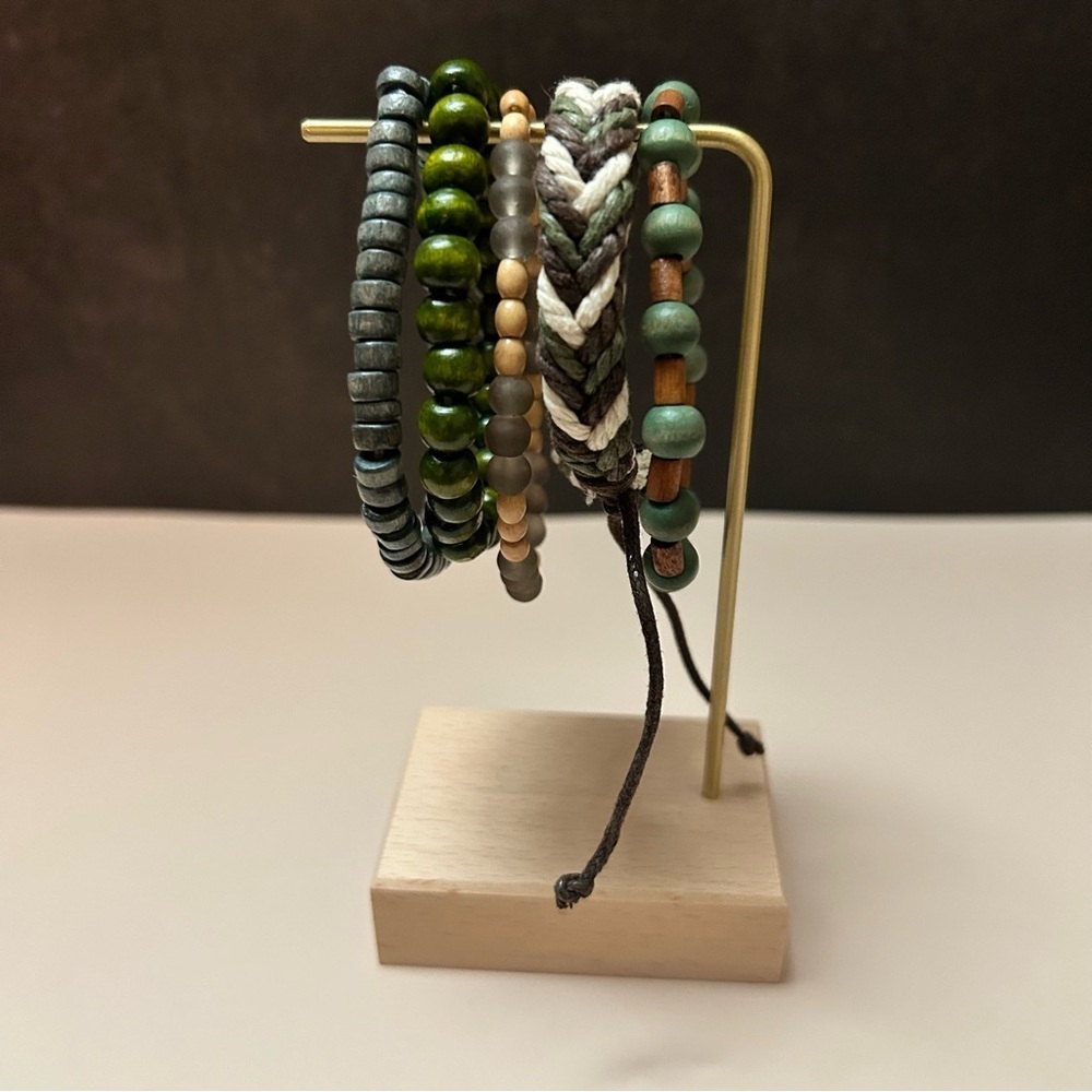 5 Piece Brown Green Grey White Beaded Woven Bracelet Set